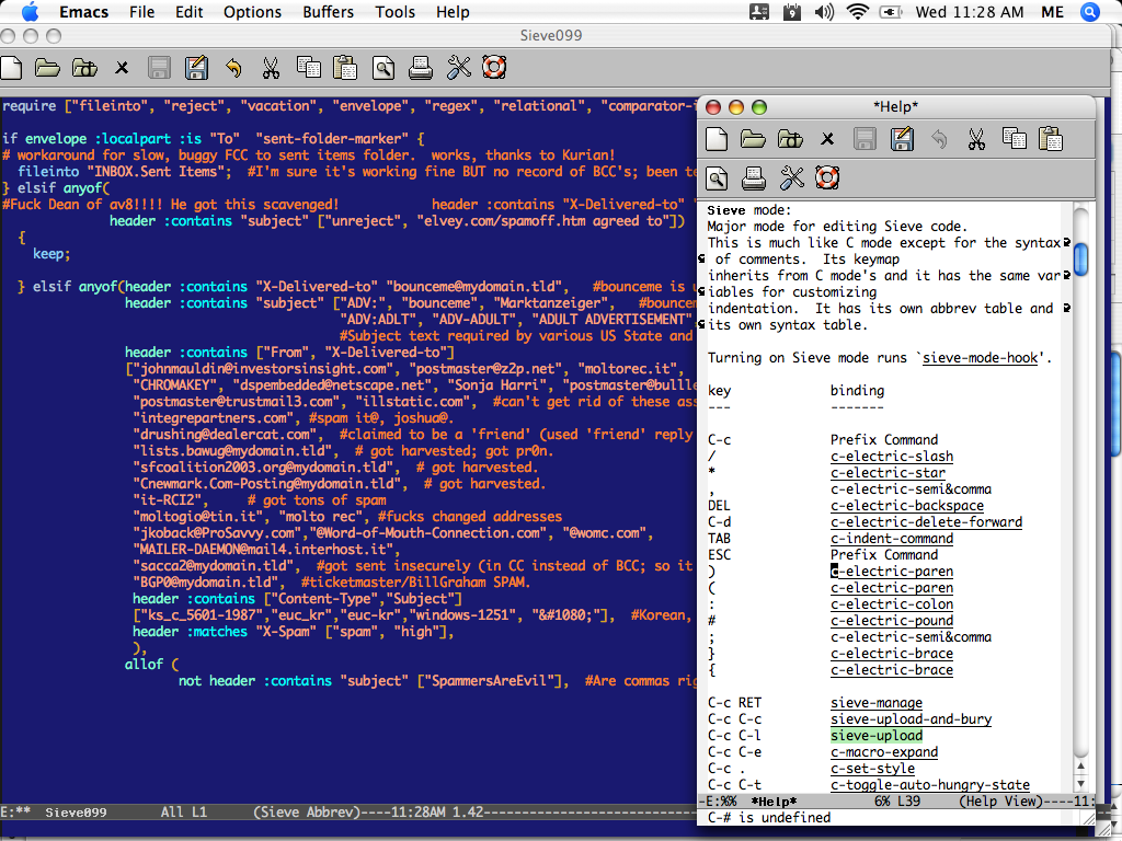 Screen shot showing emacs syntax highlighting, etc.